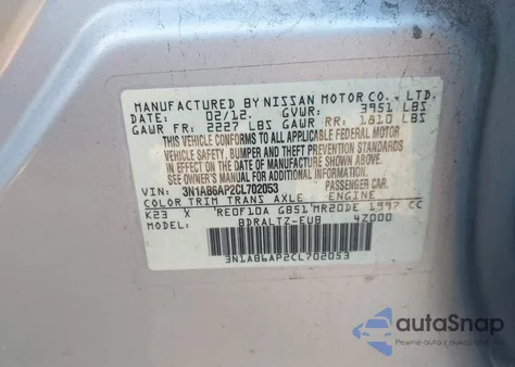 2012 Nissan Sentra 2.0 Sr z USA, uszkodzony, nr VIN 3N1AB6AP2CL702053